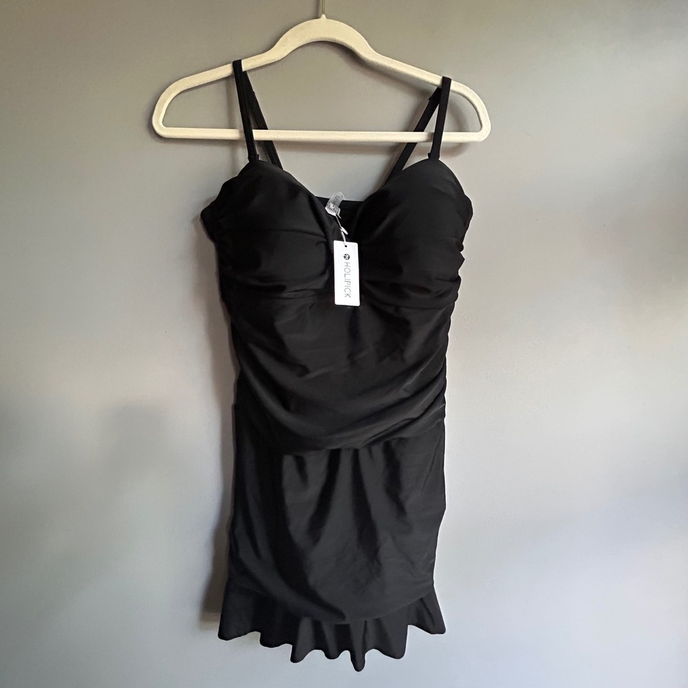 Holipick Womens Black Ruched One Piece Swim Dress Ruffle Hem XL NWT